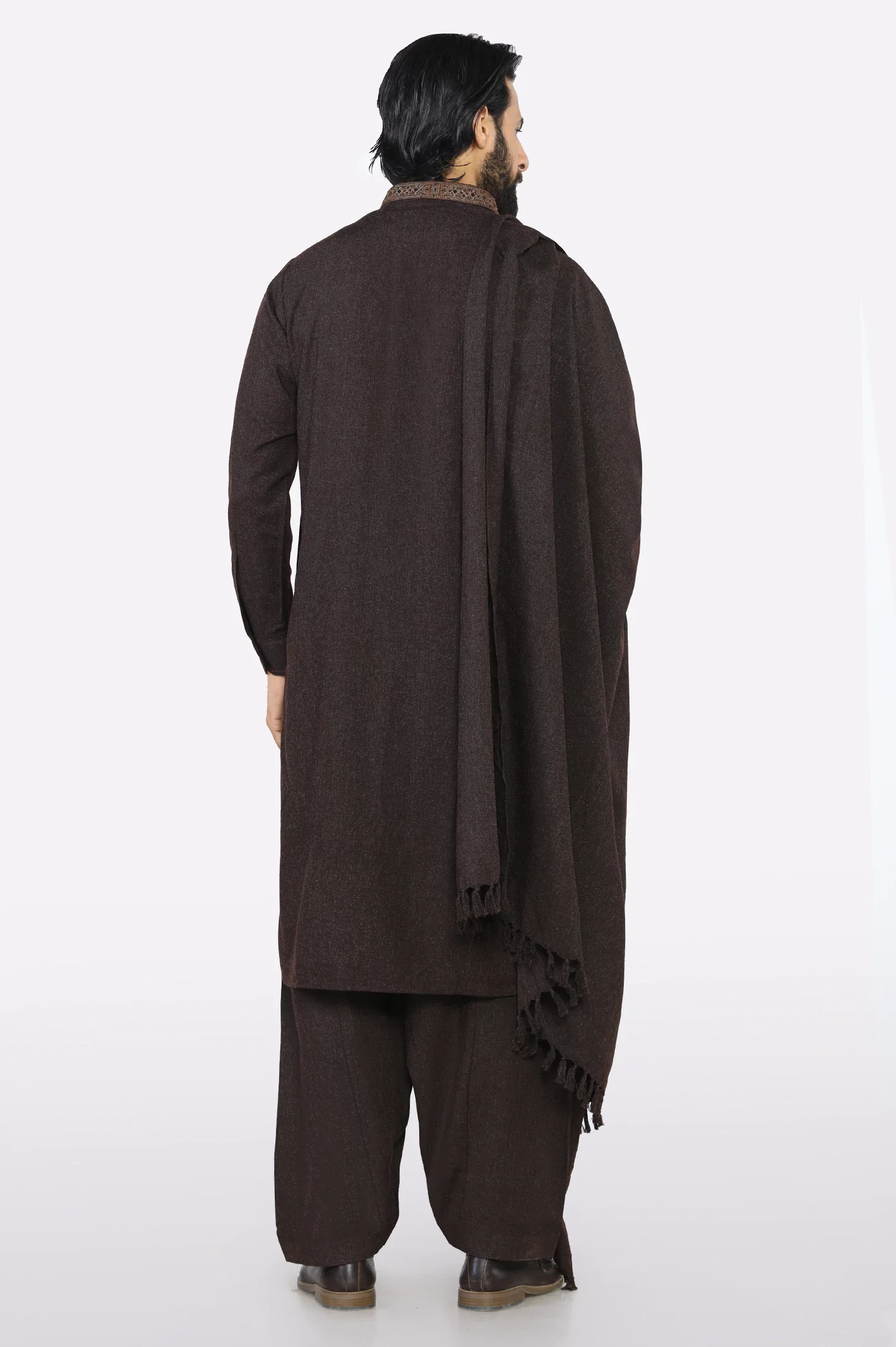 Dark Brown Shalwar Kameez with Shawl - Image 7