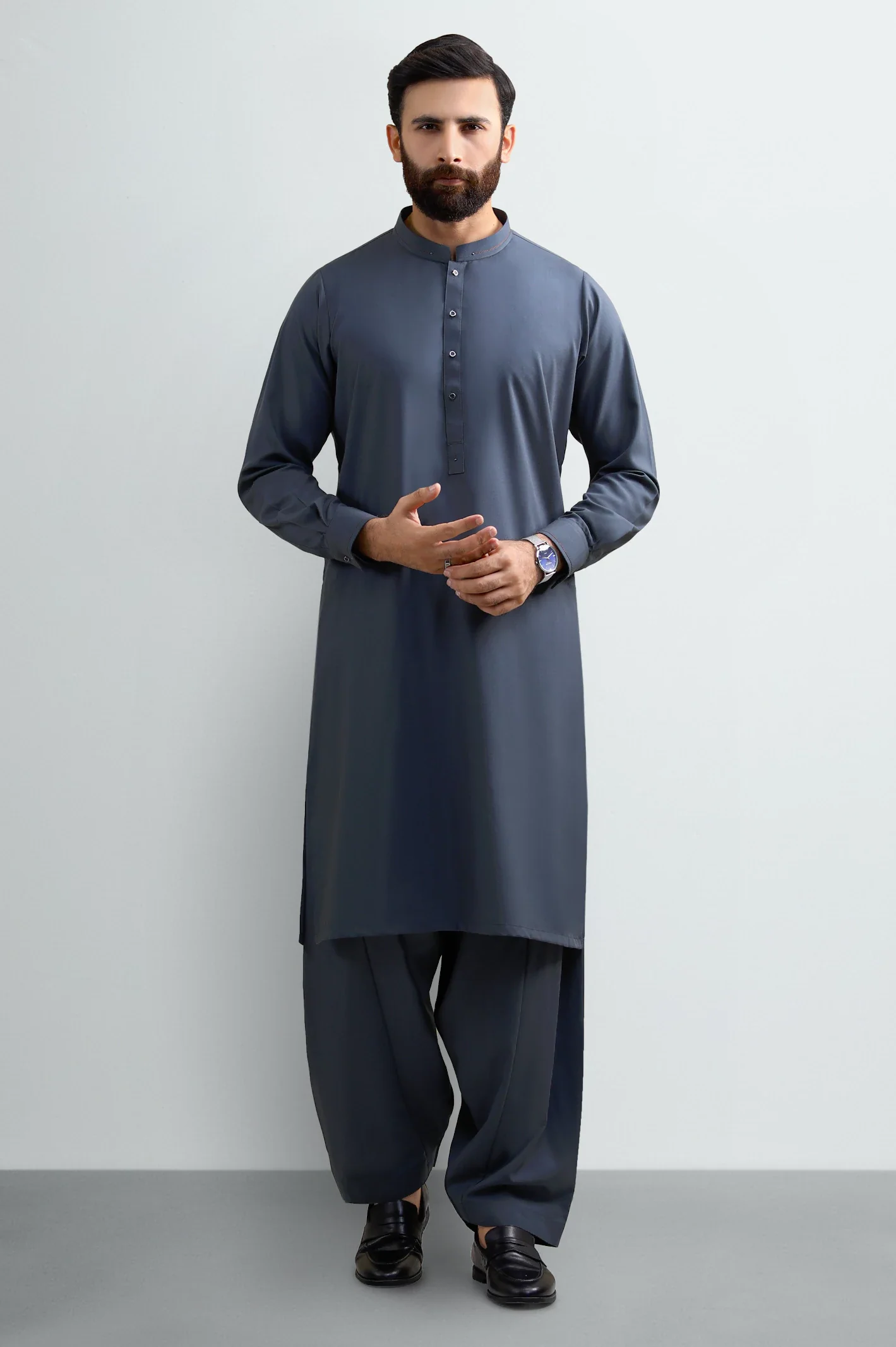 Dark Grey Wash & Wear Shalwar Kameez - Image 2
