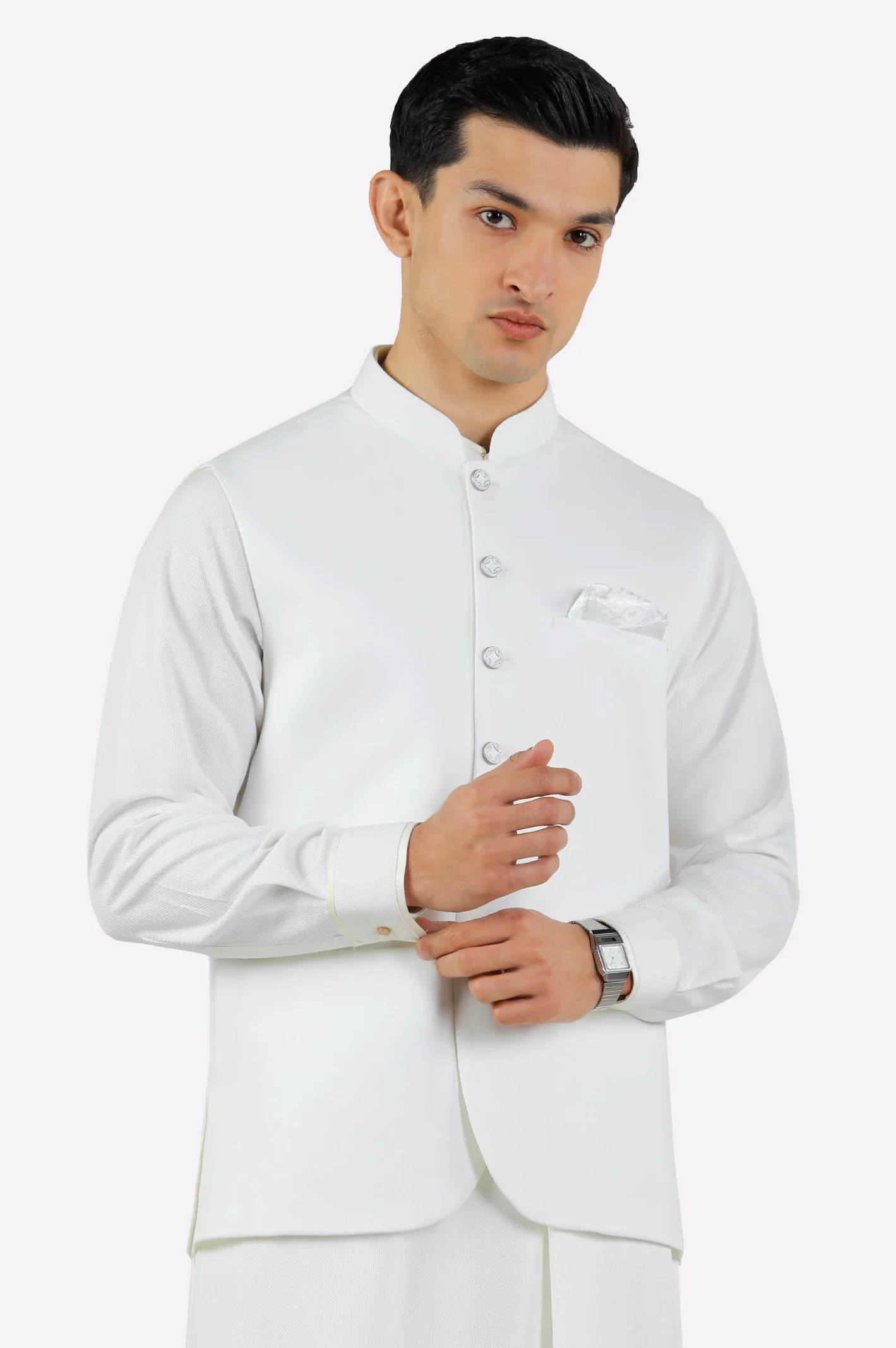 Off White Shalwar Kameez with Waistcoat - Image 2