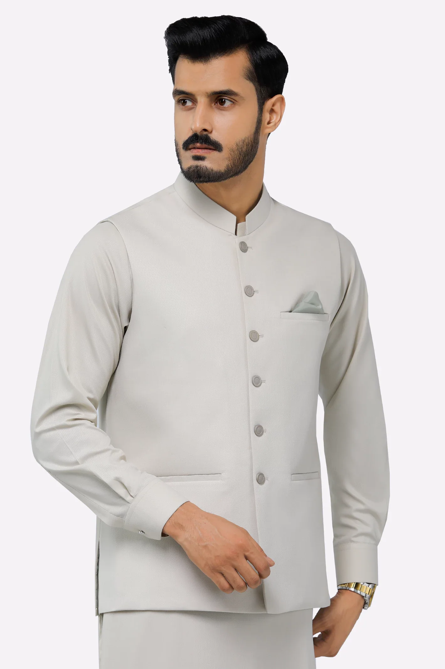 Light Beige Shalwar Kameez with Waistcoat - Image 2
