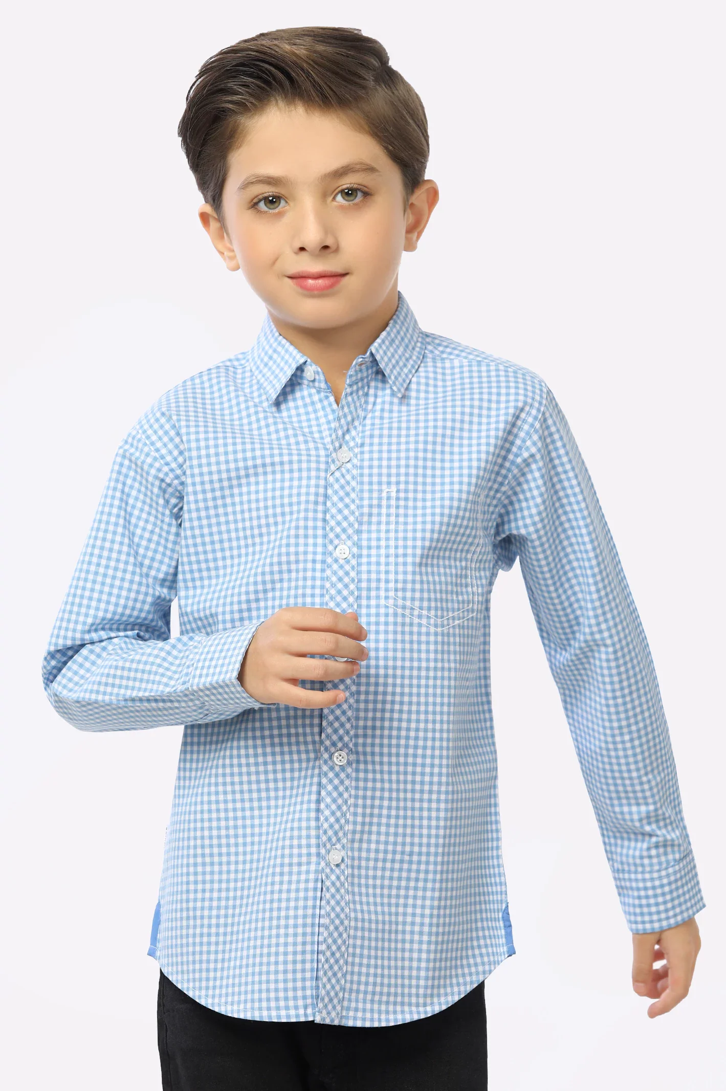 Light Blue Gingham Check Boys Shirt