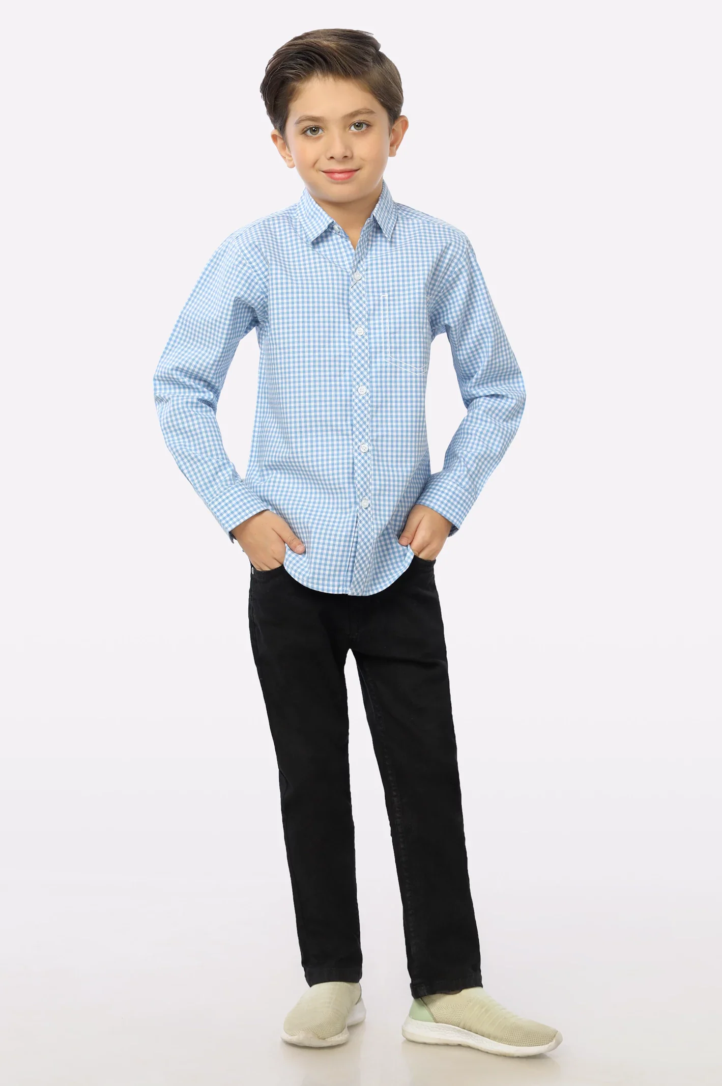 Light Blue Gingham Check Boys Shirt - Image 2