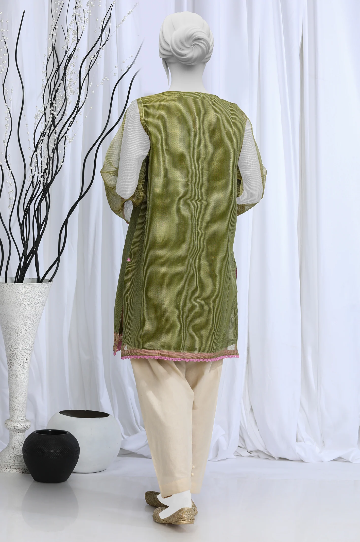Embroidered Check Zari Green Kurti - Image 3