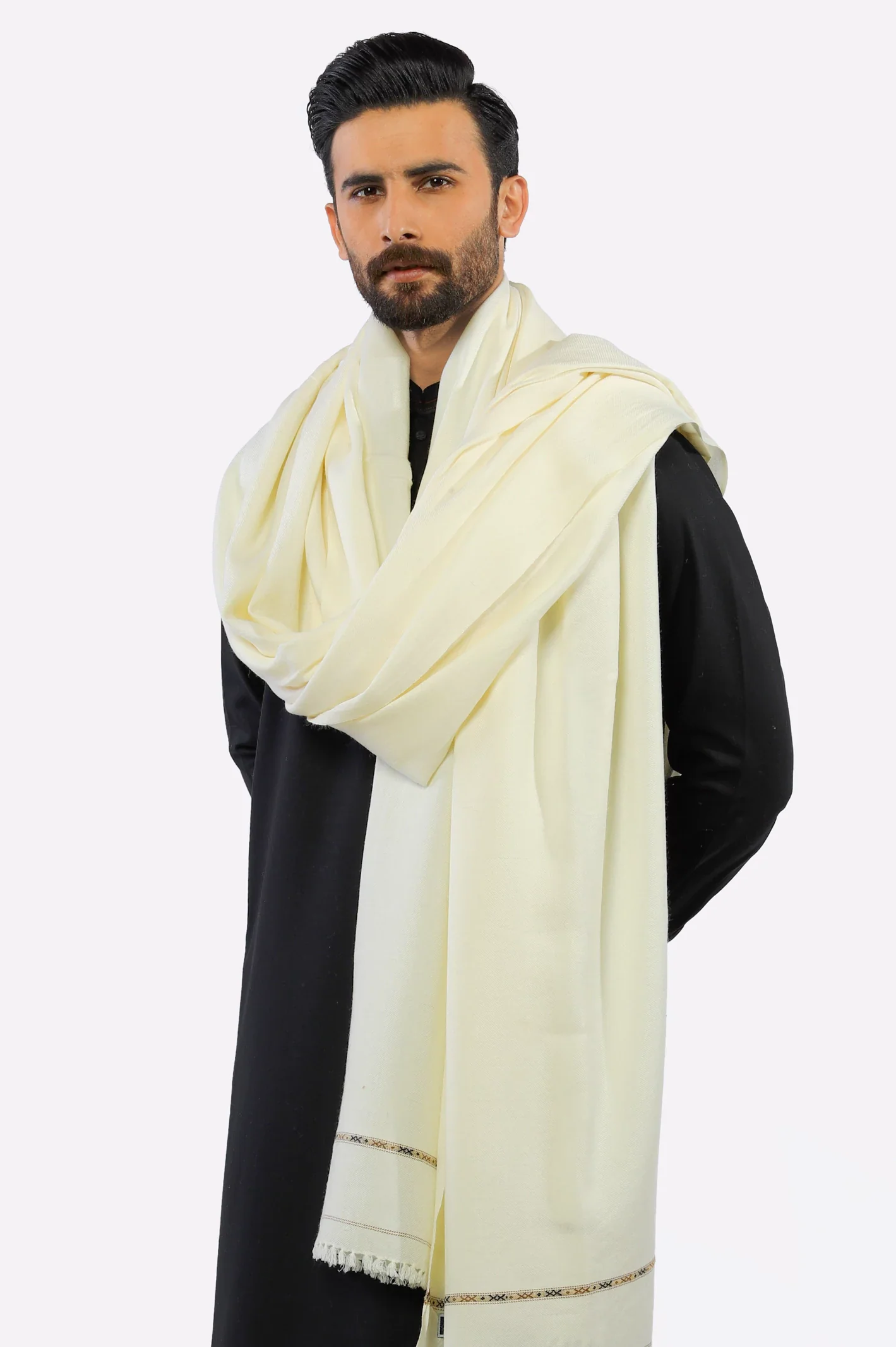 Men Cream Woolen Shawl - Image 2