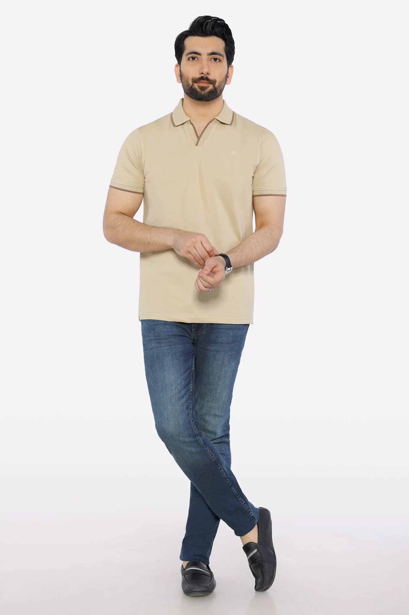 Beige Solid Collar Polo - Image 3