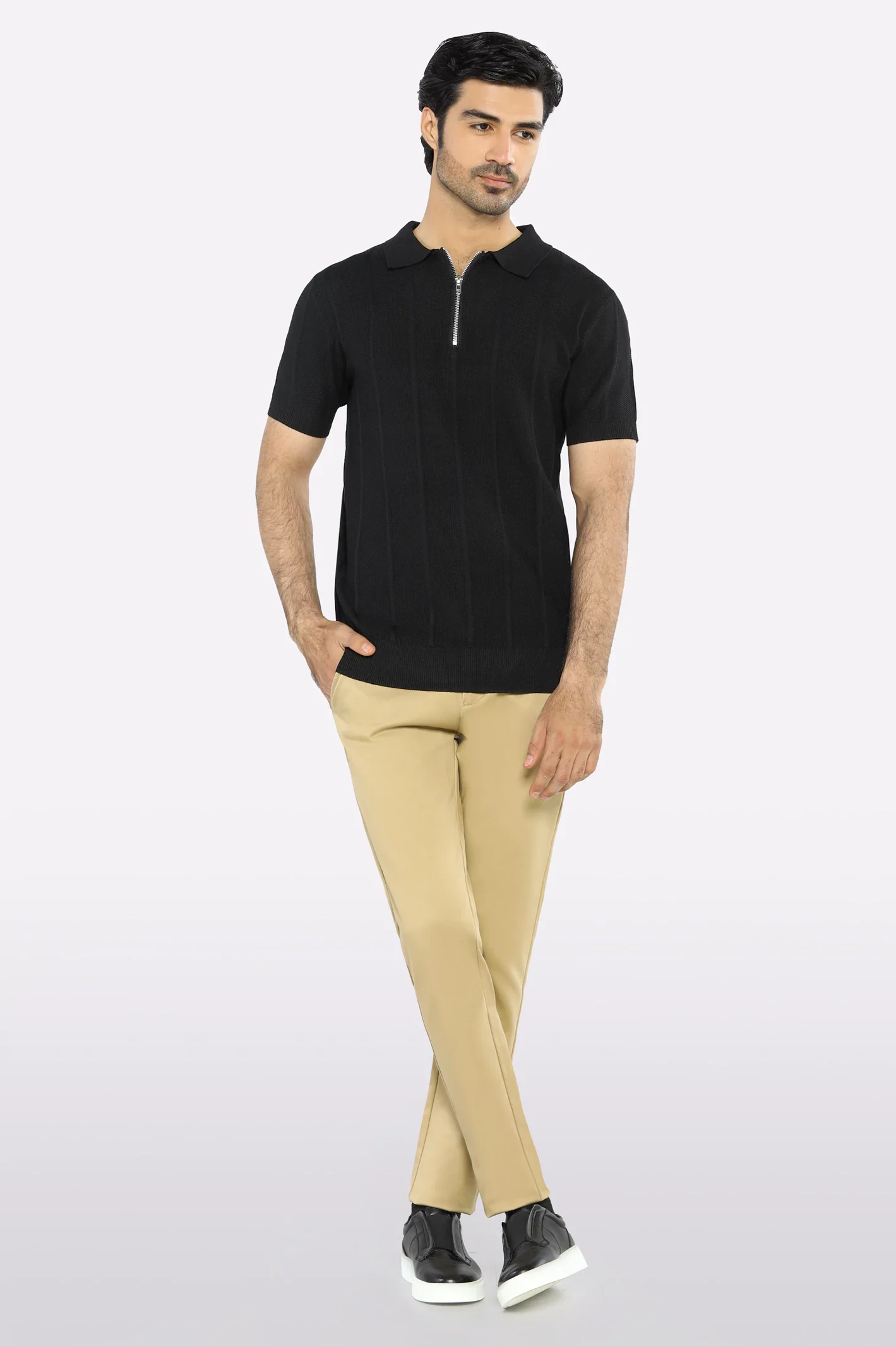 Black Flat Knit Polo - Image 2