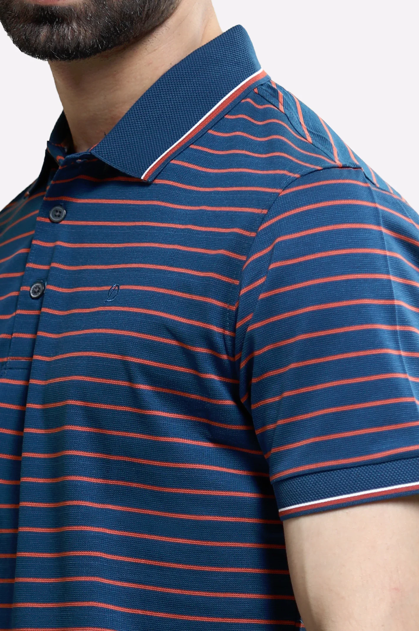 Navy Blue Striped Yarn Dyed Polo - Image 3