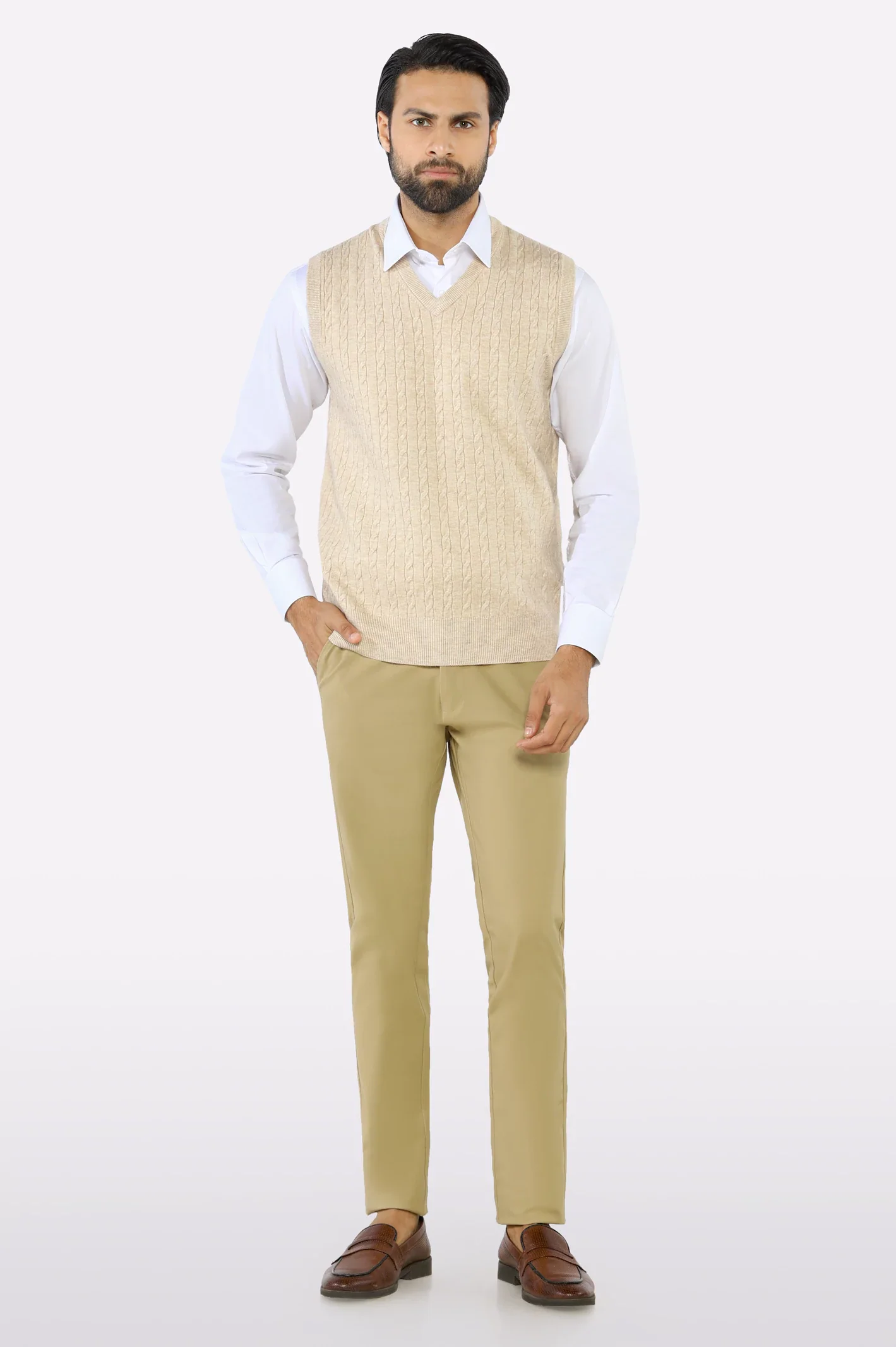 Men V-neck Beige Sleeveless Sweater - Image 2