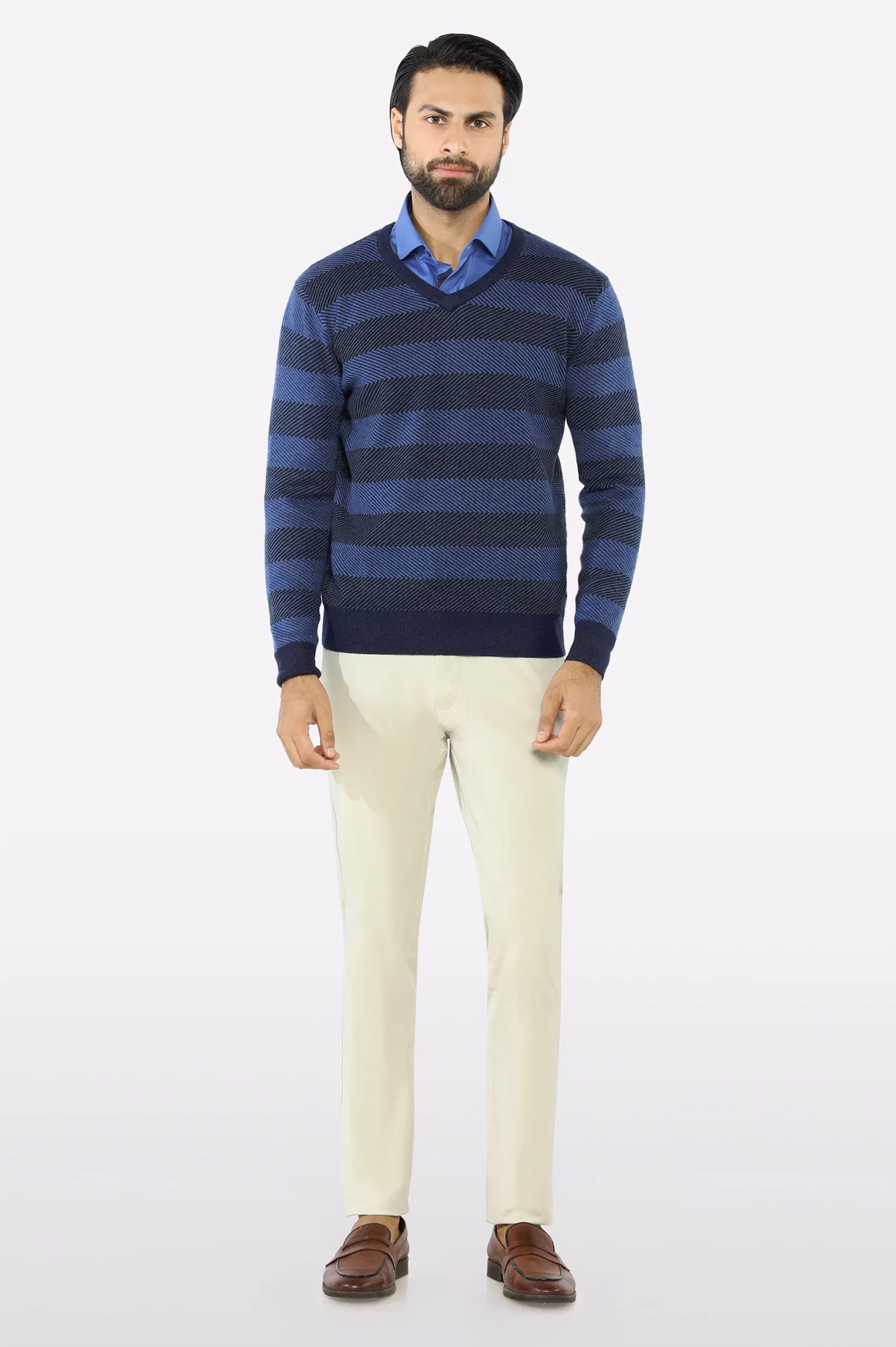 Men V-neck Dark Blue Sleeves Sweater - Image 2