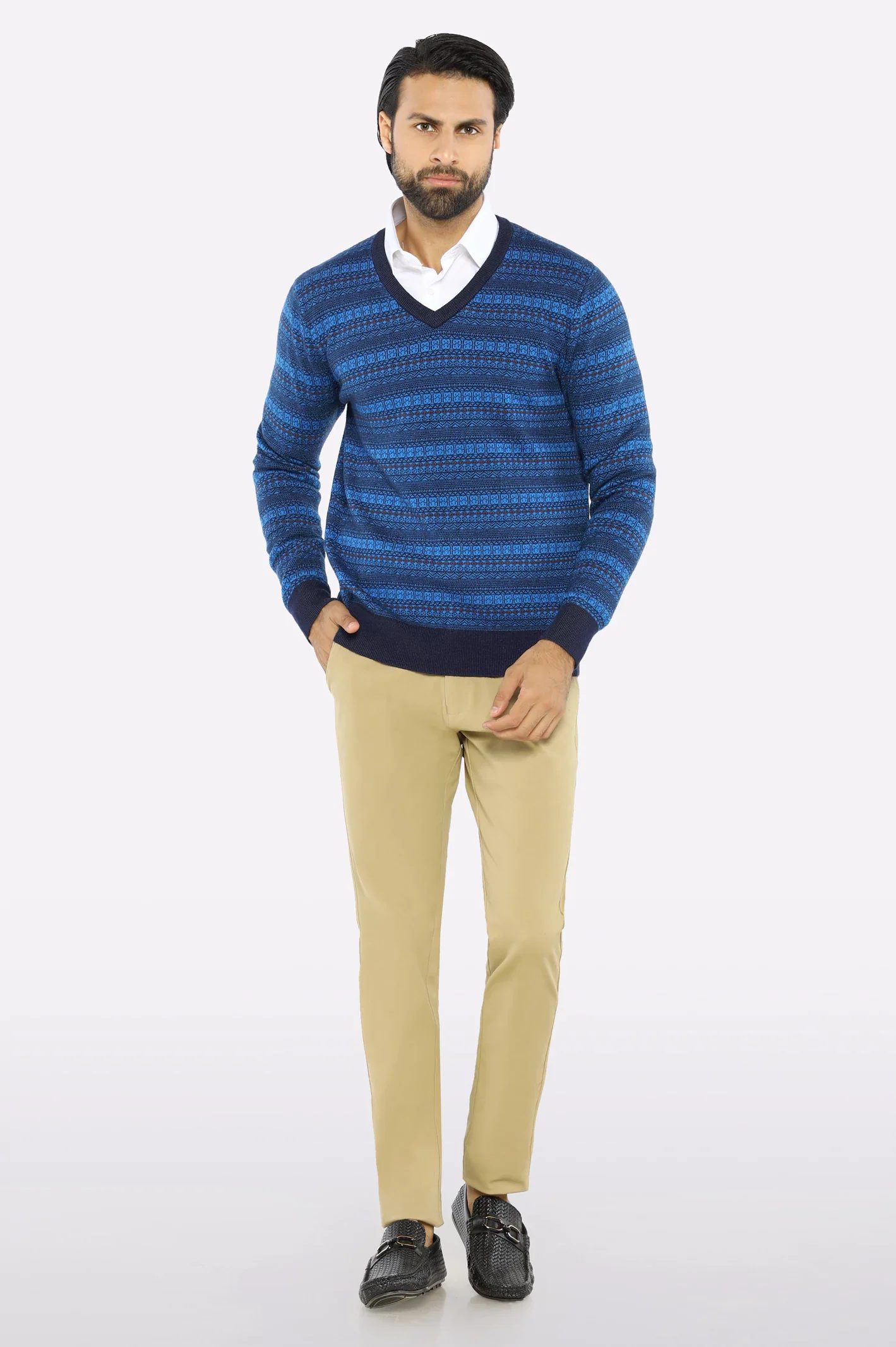 Men V-neck Multi Blue Sleeves Sweater - Image 2