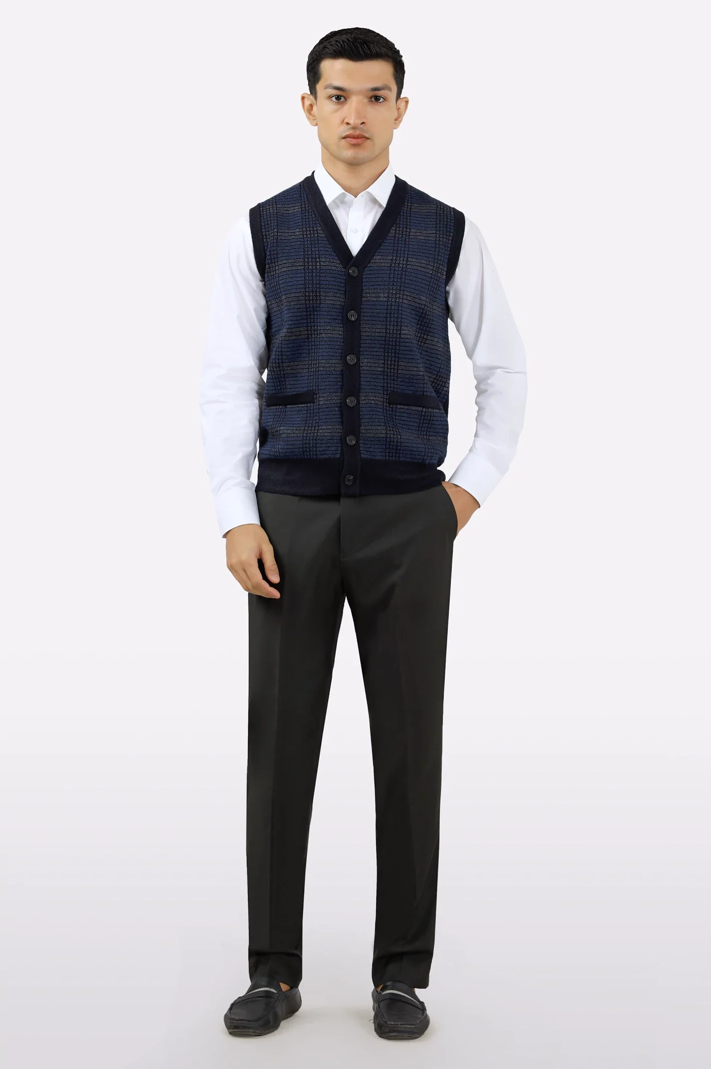 Men Dark Blue Sleeveless Cardigan - Image 2