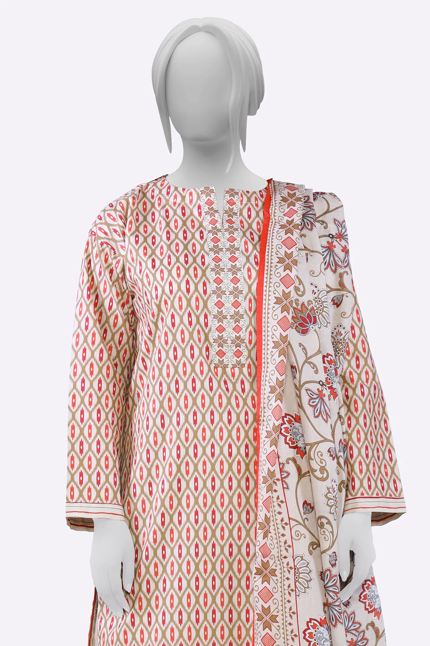 Cream Printed Kurti With Dupatta - Image 2