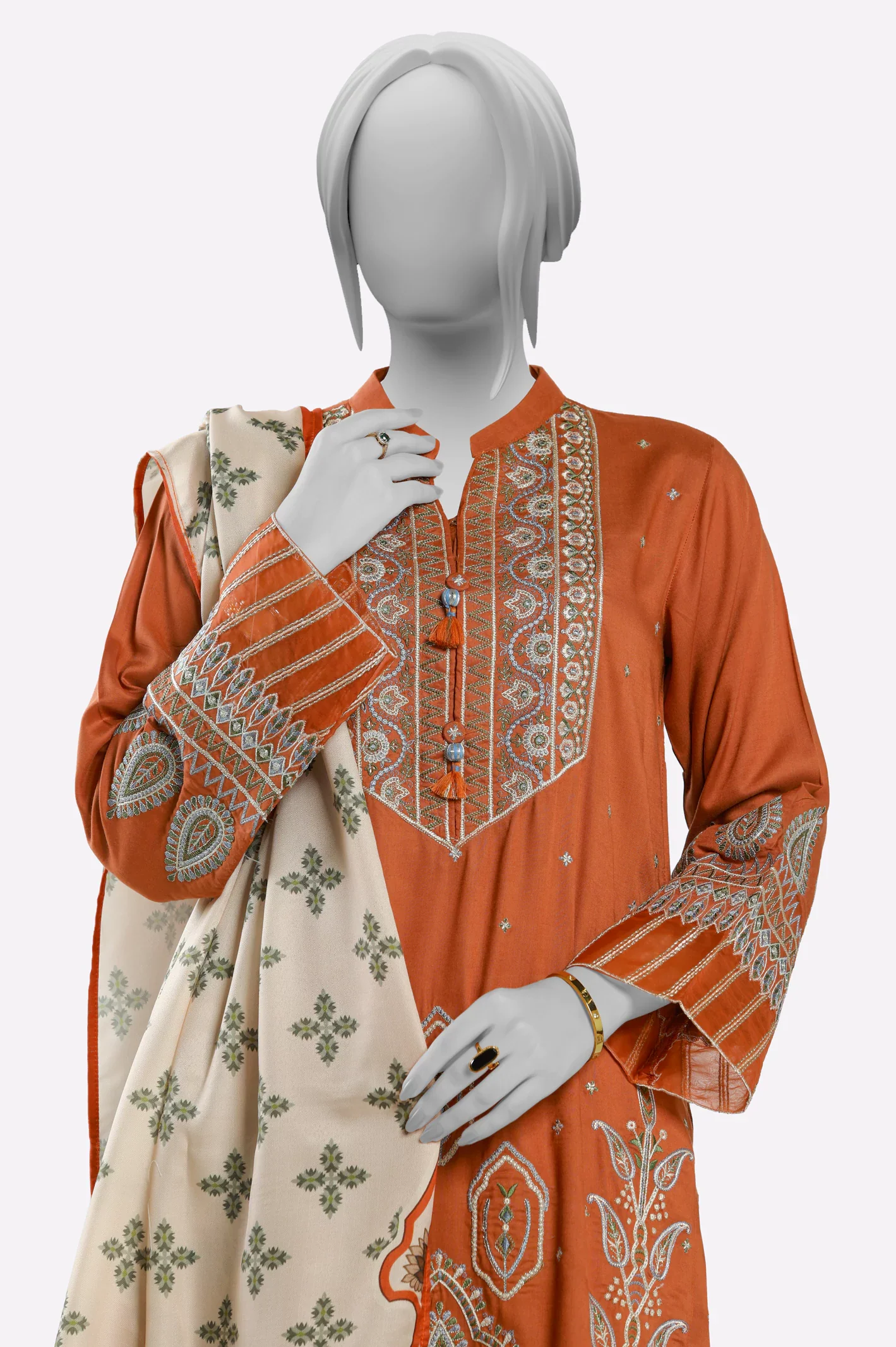 Rust Embroidered Kurti With Dupatta - Image 2