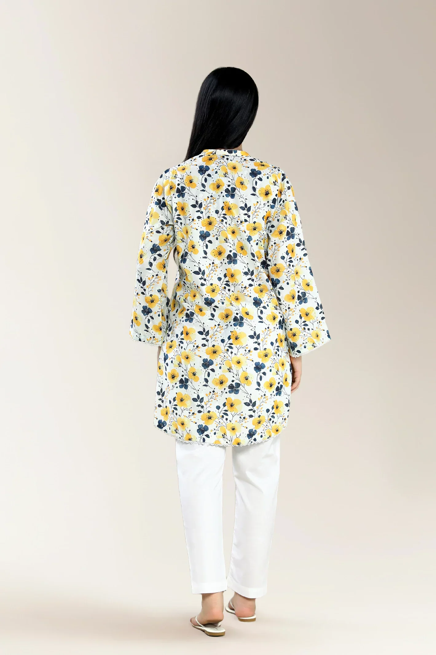 Print With Embroidery Schiffli Yellow Shirt - Image 2