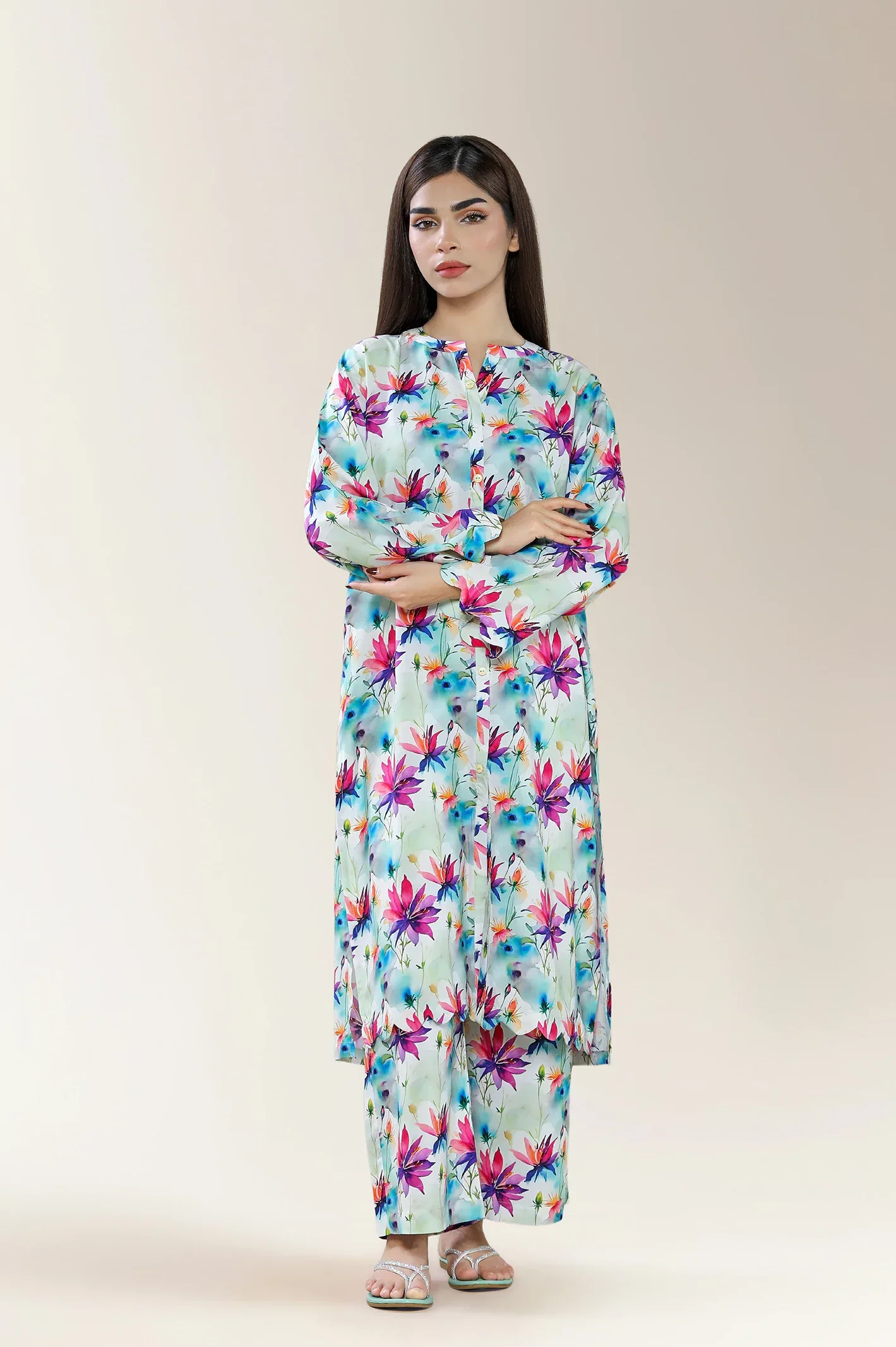 Printed Viscose Linen Cream 2PC