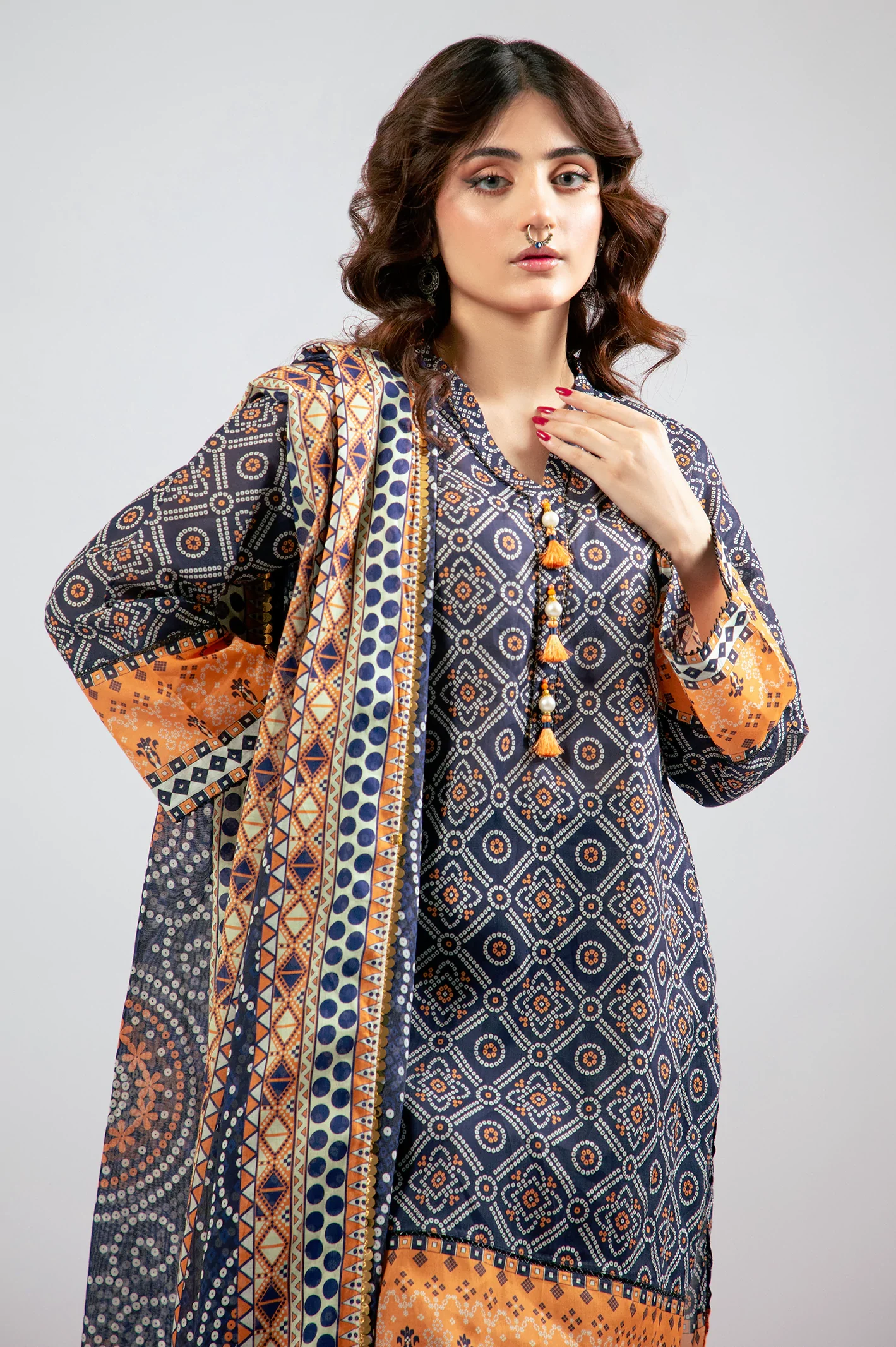 Navy Blue Printed 3PC Unstitched - Image 3