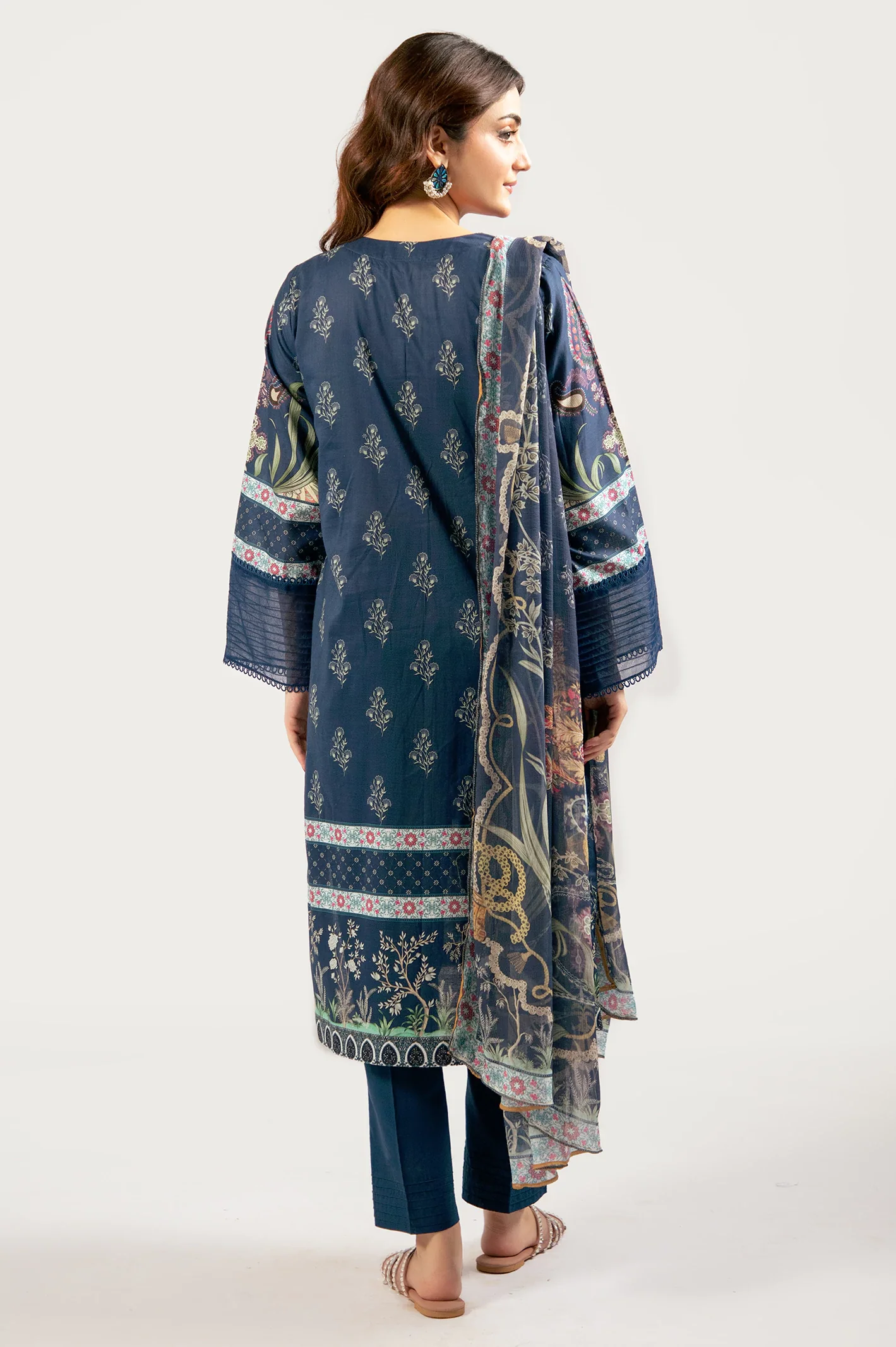 Navy Blue Printed 3PC Unstitched - Image 4