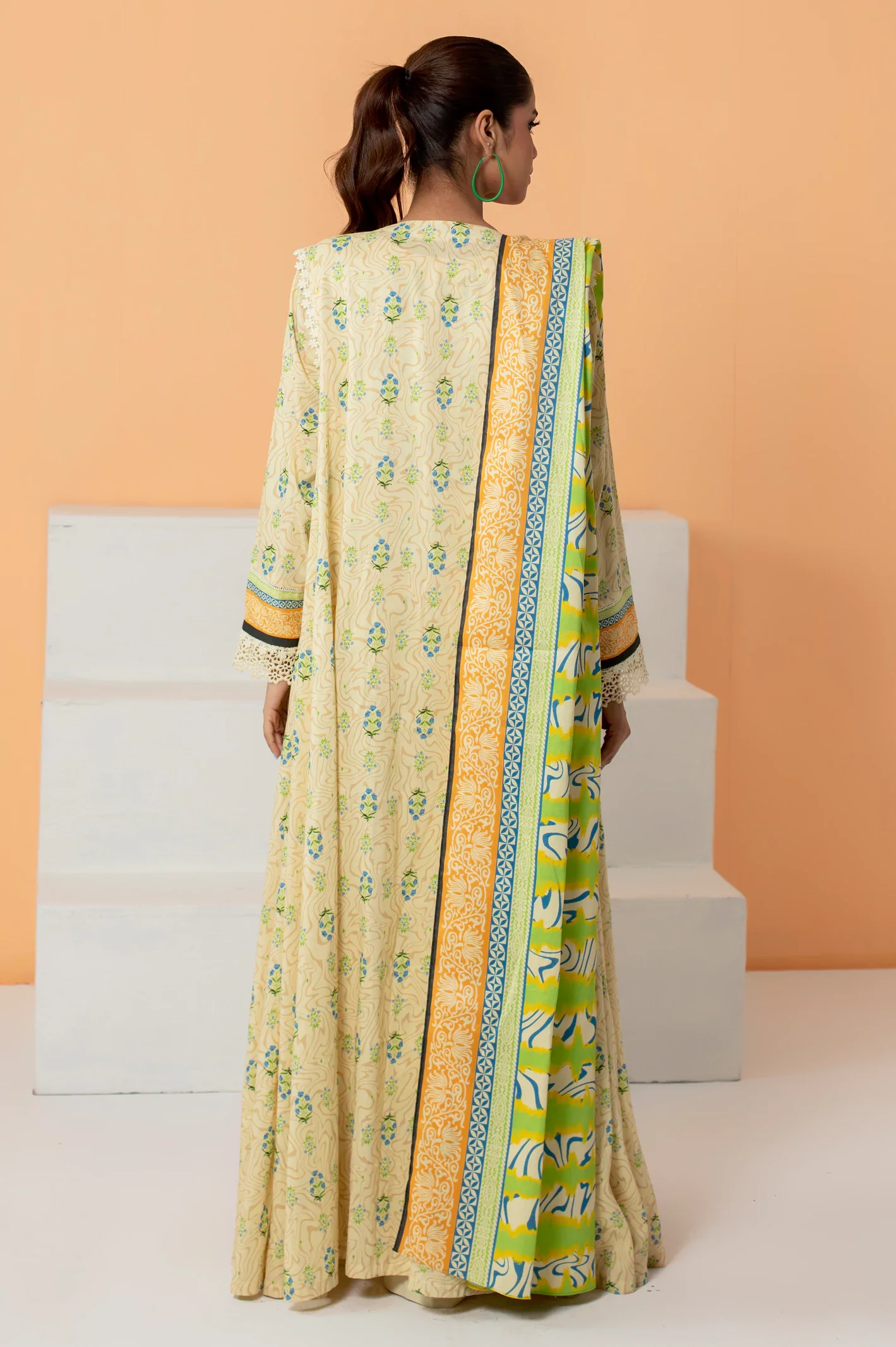 Cream Printed Unstitched Shirt & Dupatta - Image 3